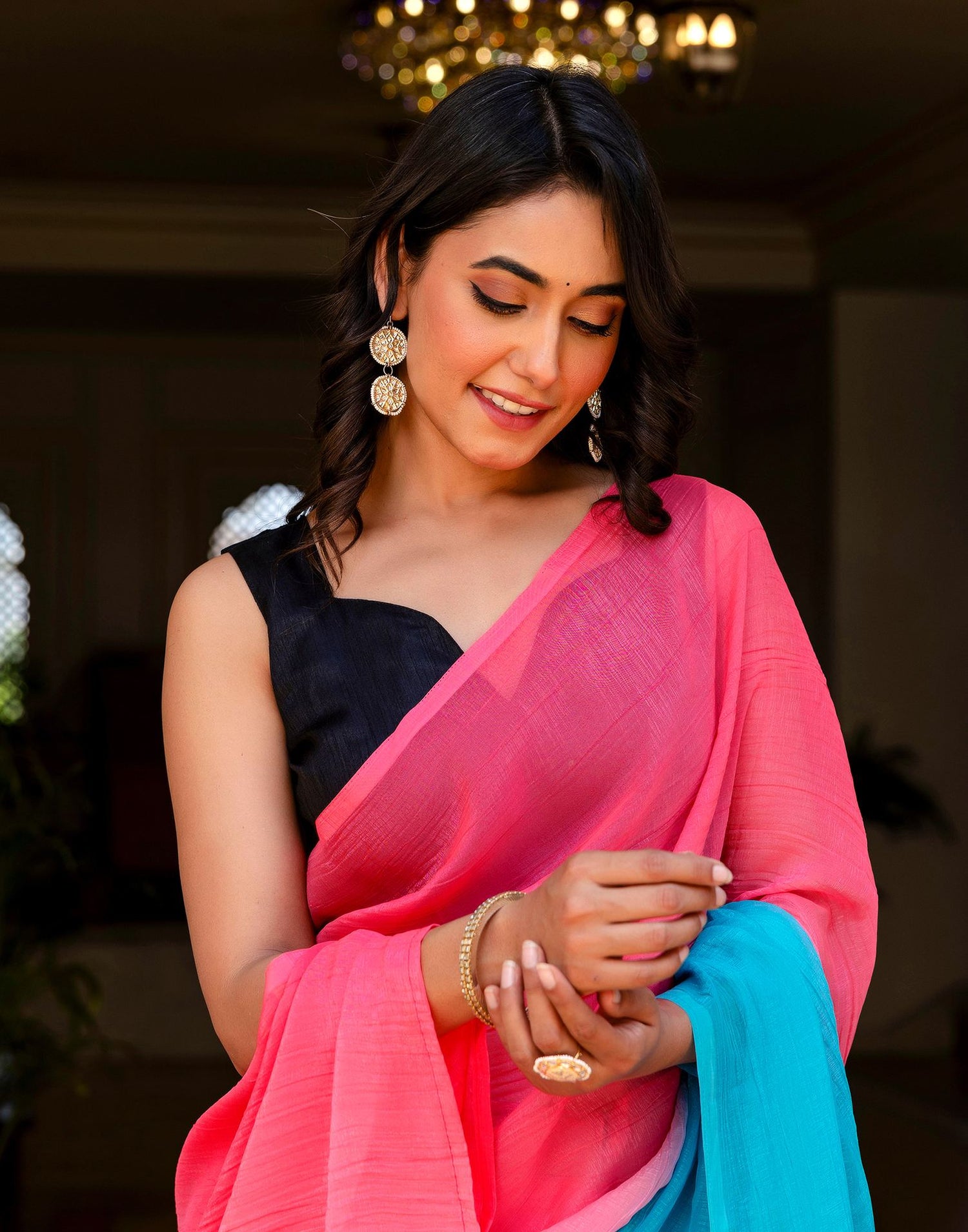 Ready To Wear Pink Chiffon Dyed Plain Saree