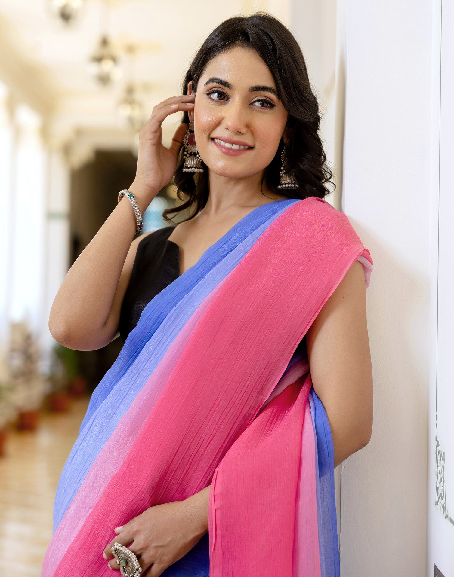 Ready To Wear Dark Blue Chiffon Dyed Plain Saree