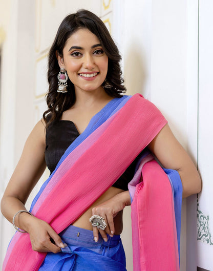 Ready To Wear Dark Blue Chiffon Dyed Plain Saree