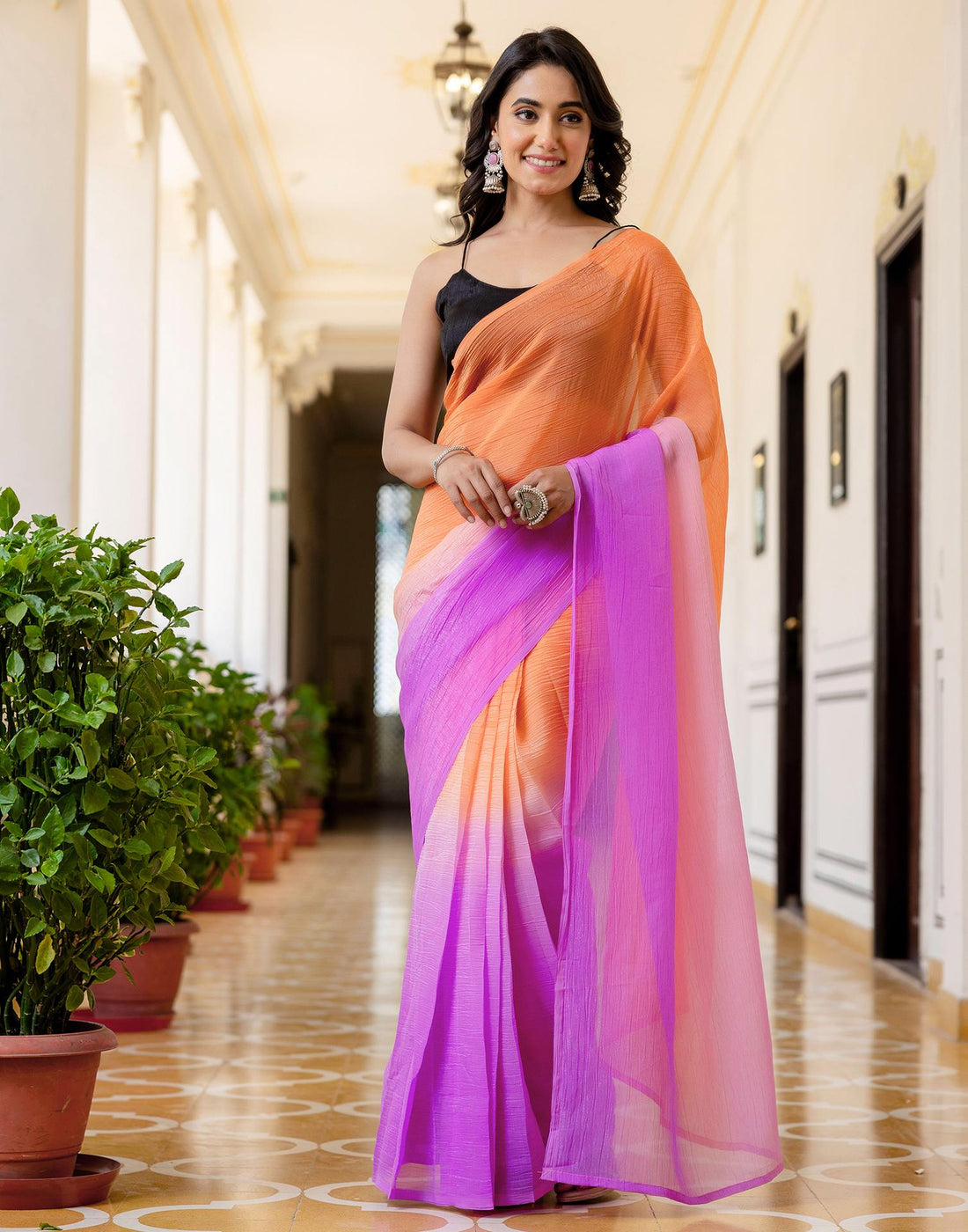 Ready To Wear Orange Chiffon Dyed Plain Saree