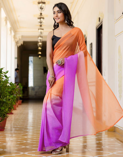 Ready To Wear Orange Chiffon Dyed Plain Saree