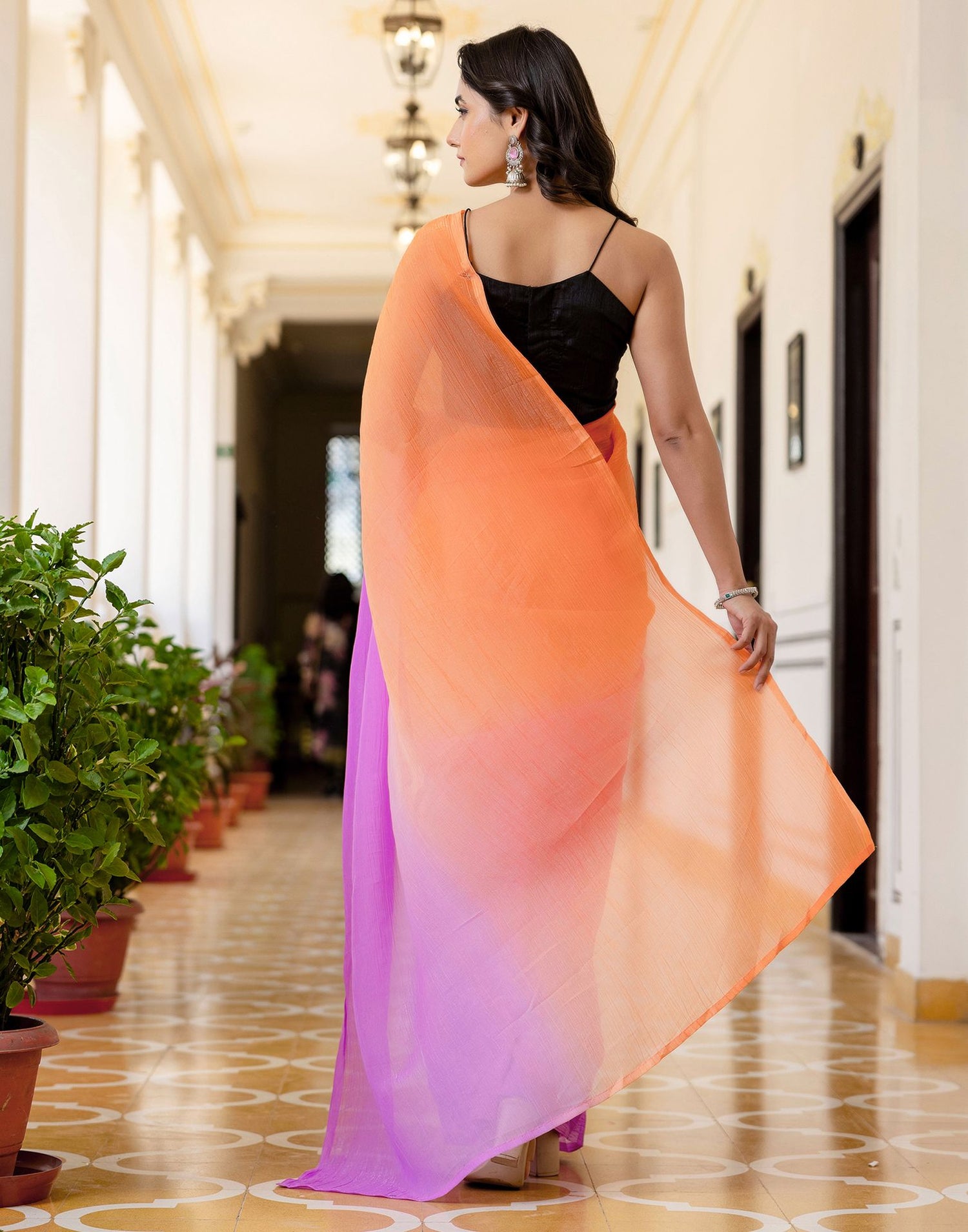 Ready To Wear Orange Chiffon Dyed Plain Saree