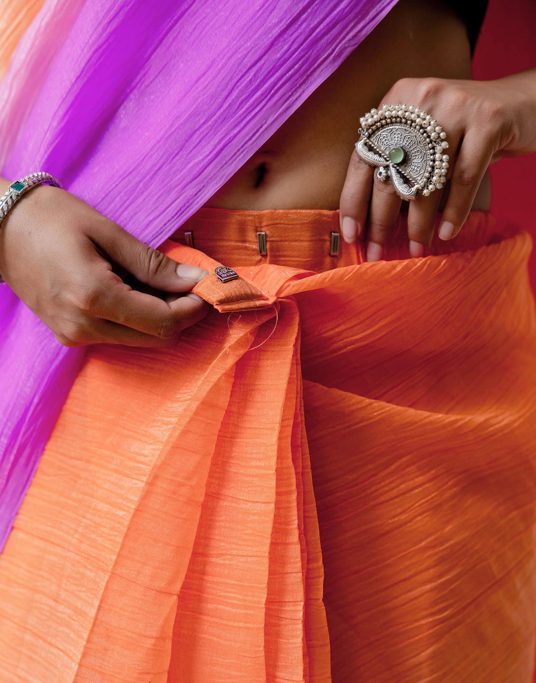 Ready To Wear Orange Chiffon Dyed Plain Saree