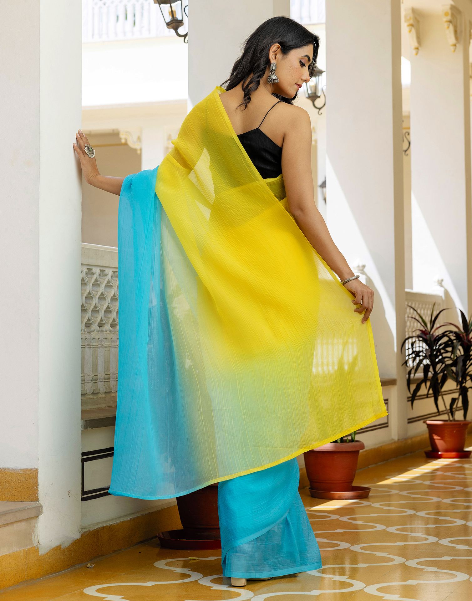 Ready To Wear Yellow Chiffon Dyed Plain Saree