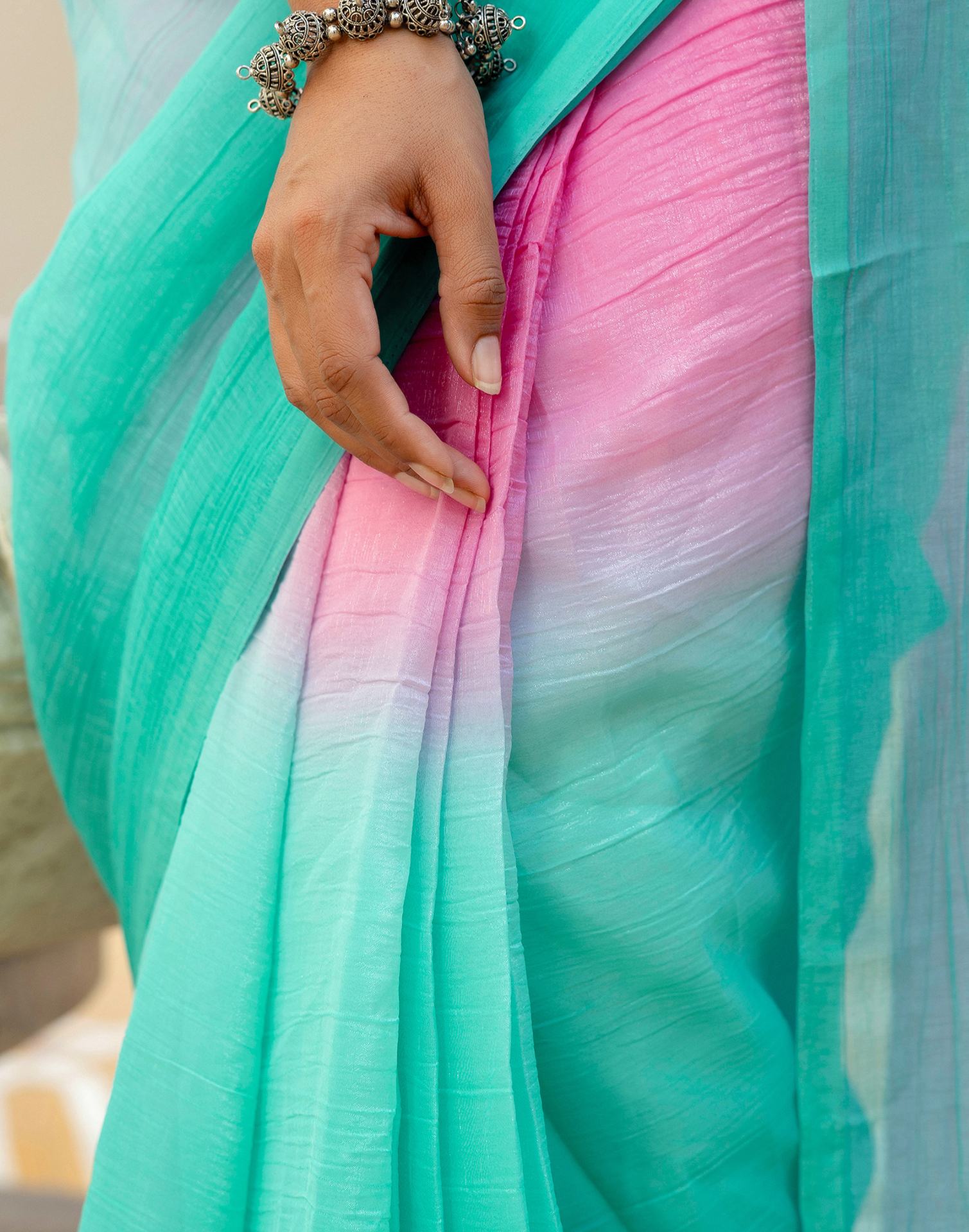 Ready To Wear Pink Chiffon Dyed Plain Saree