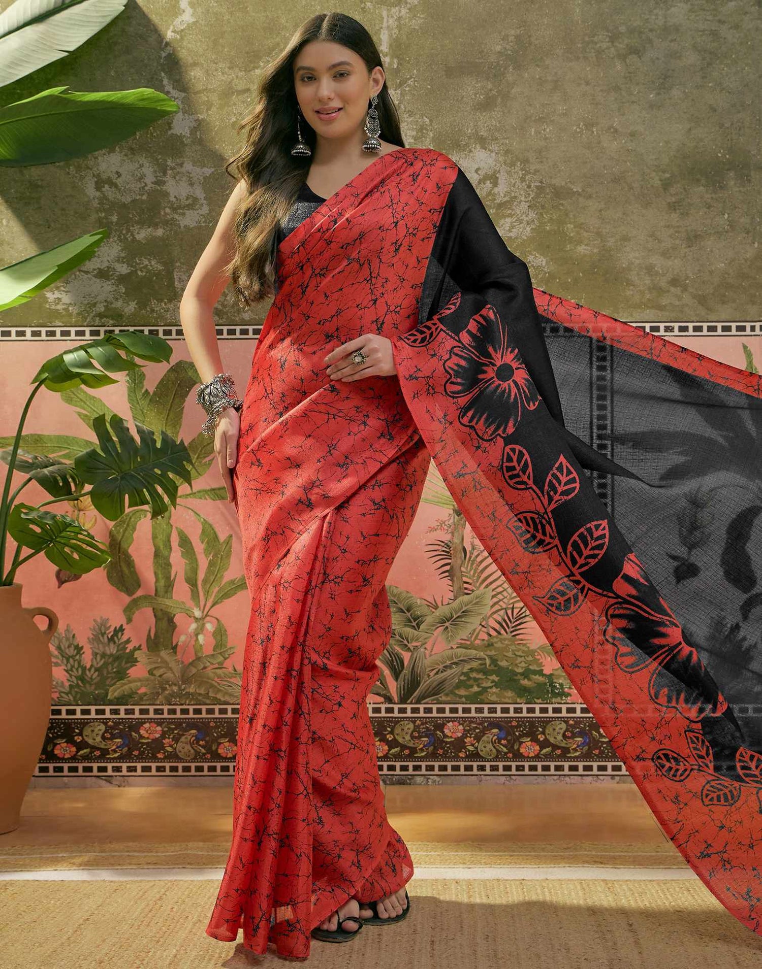 Red Khadi Floral Printed Saree