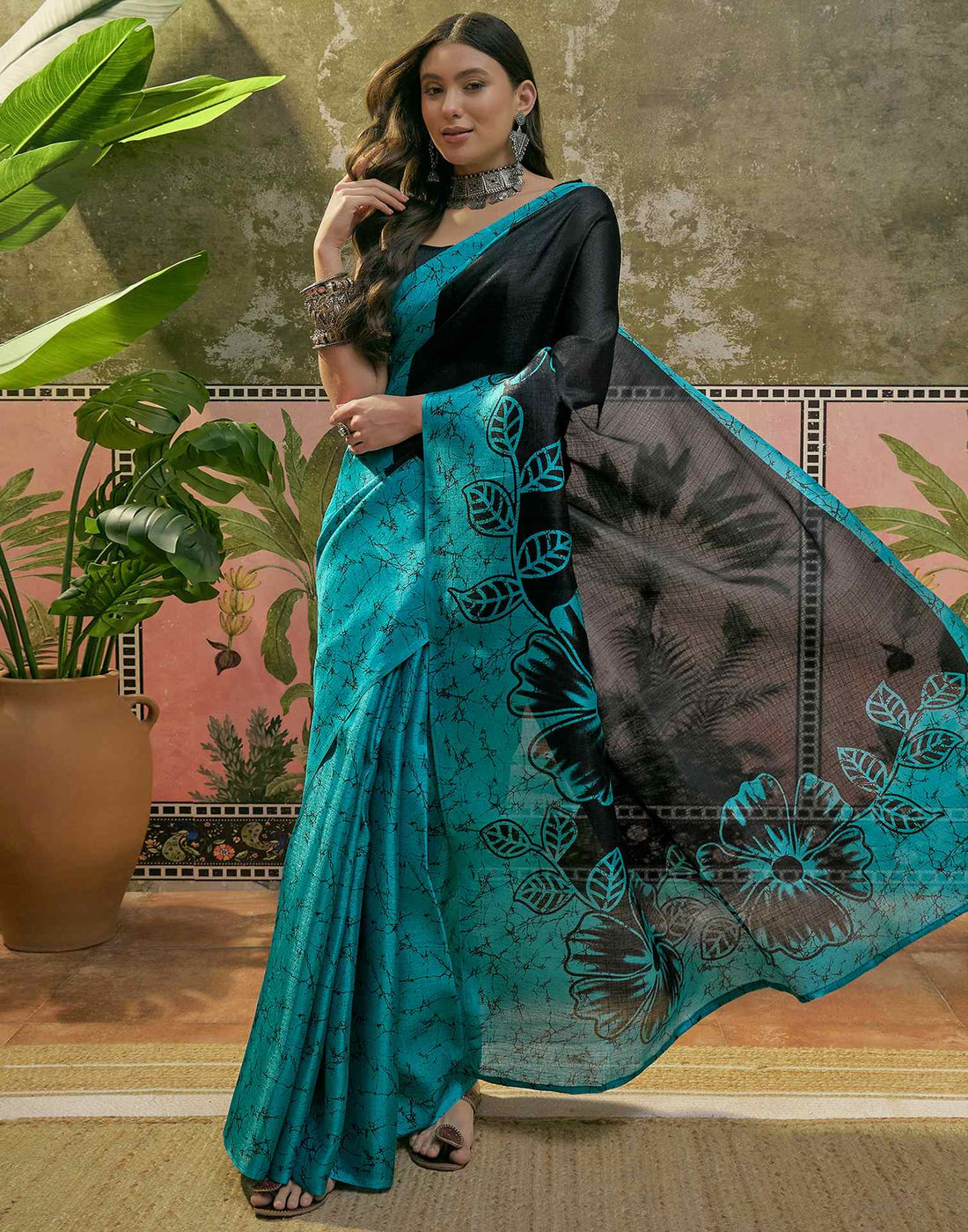 Teal Blue Khadi Floral Printed Saree