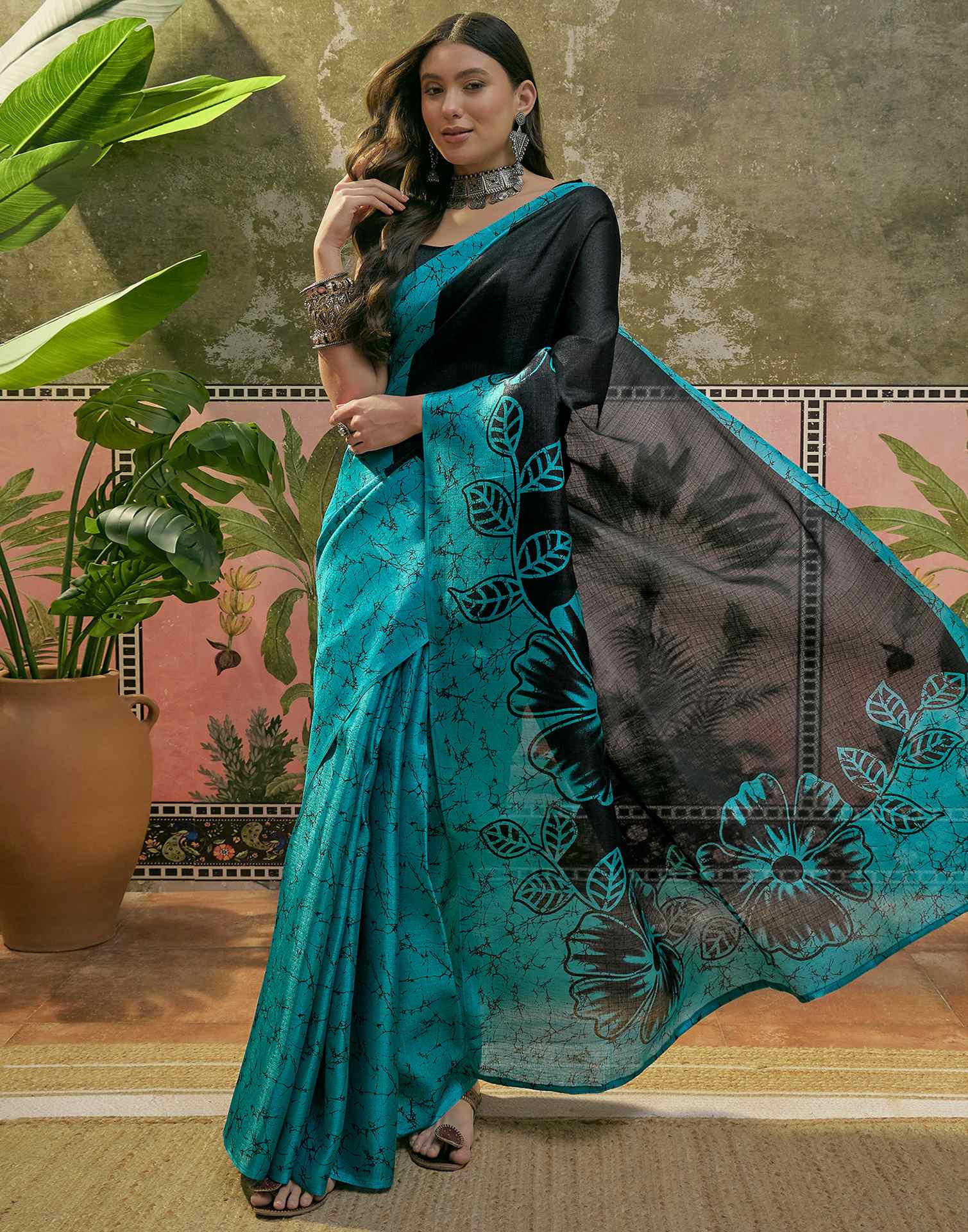 Teal Blue Khadi Floral Printed Saree