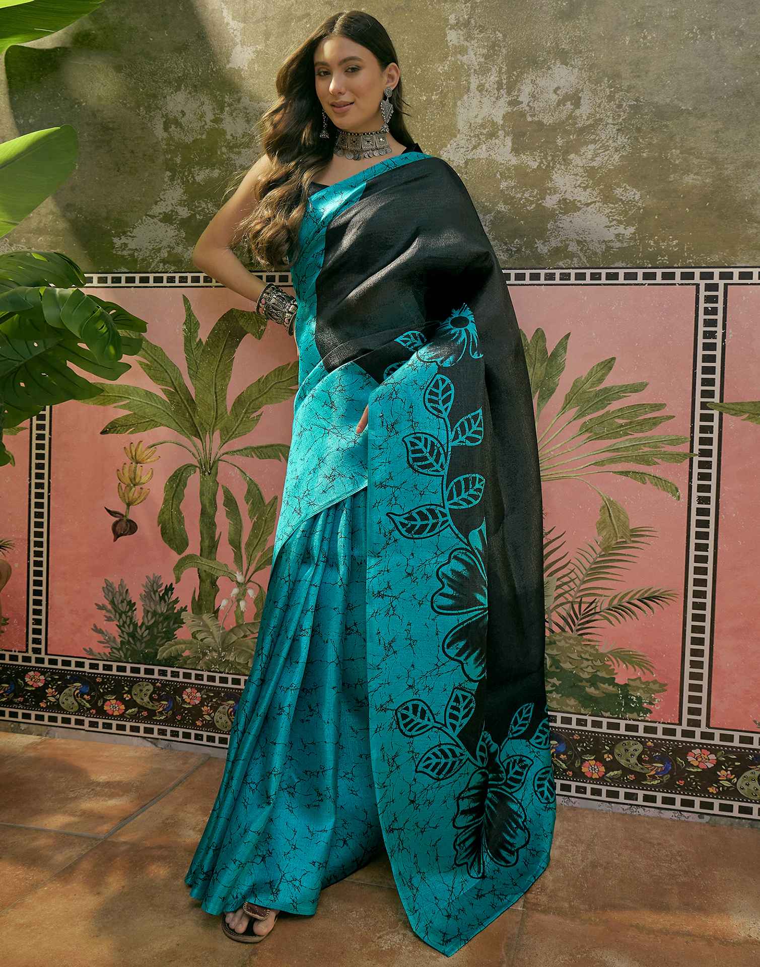Teal Blue Khadi Floral Printed Saree