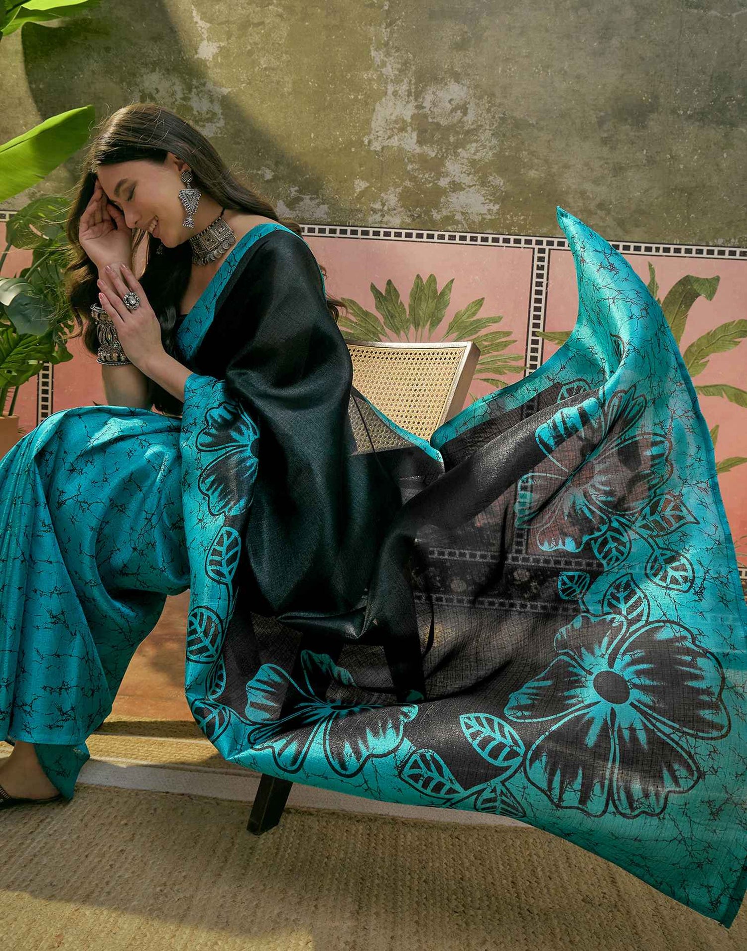Teal Blue Khadi Floral Printed Saree
