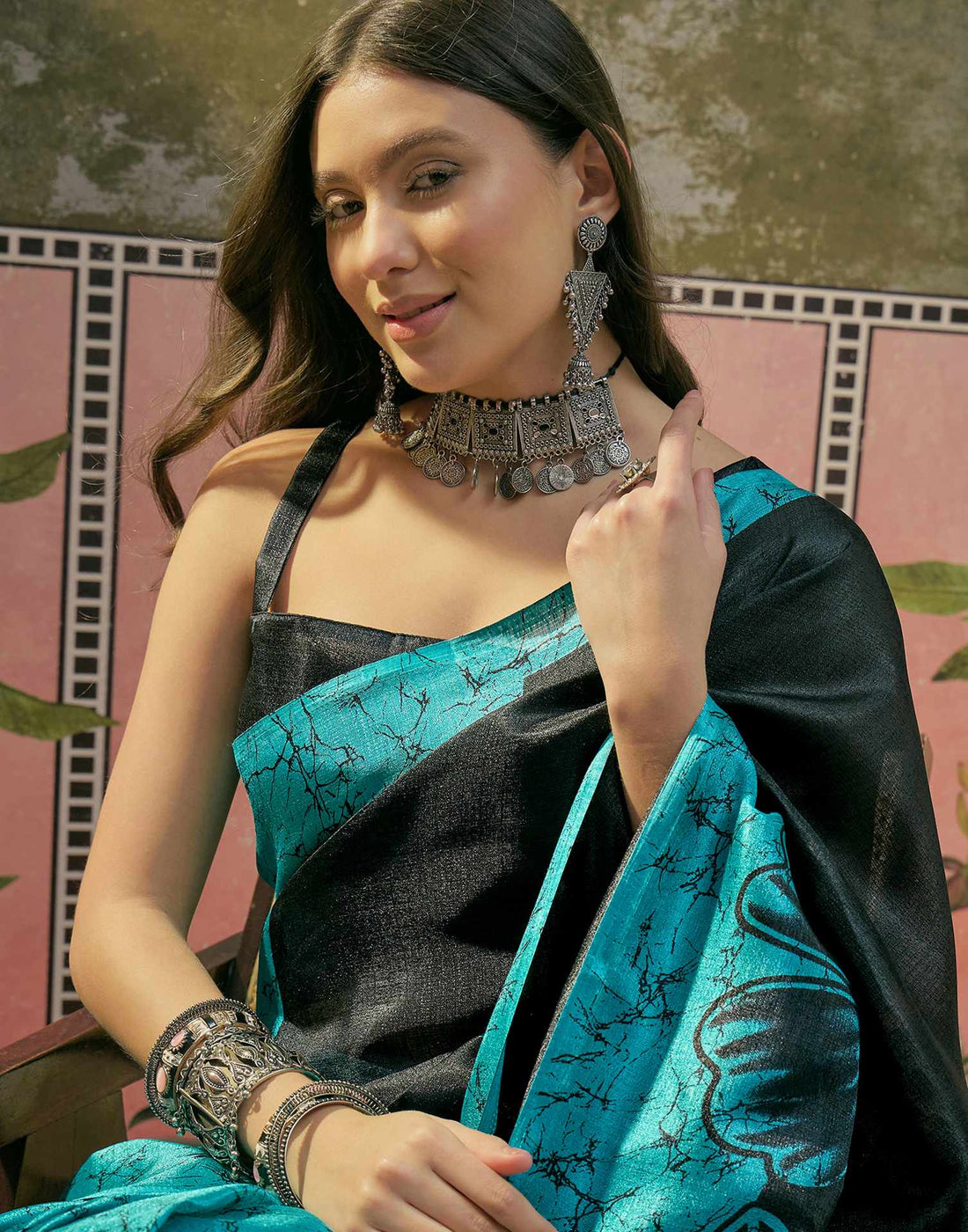Teal Blue Khadi Floral Printed Saree