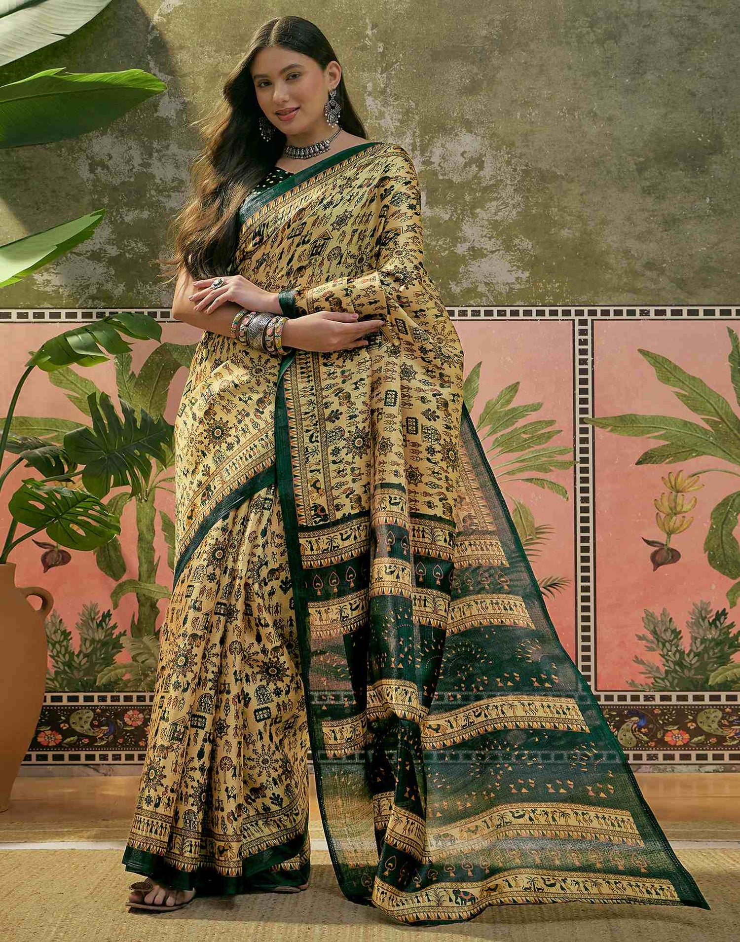 Dusty Lemon Yellow Khadi Printed Saree