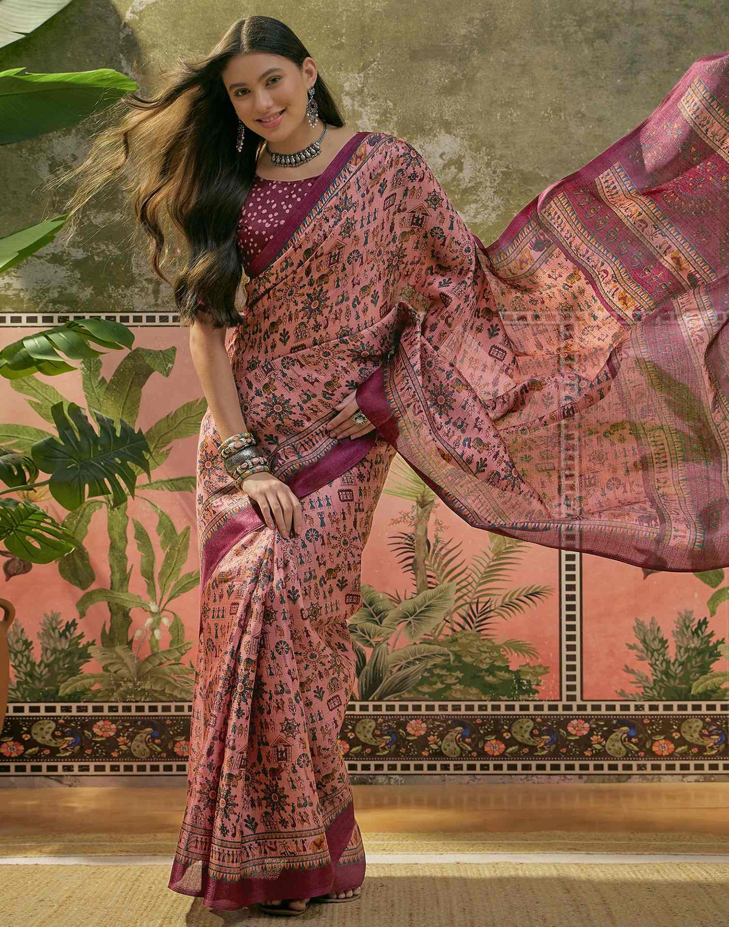 Dark Peach Khadi Printed Saree