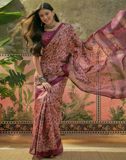 Dark Peach Khadi Printed Saree
