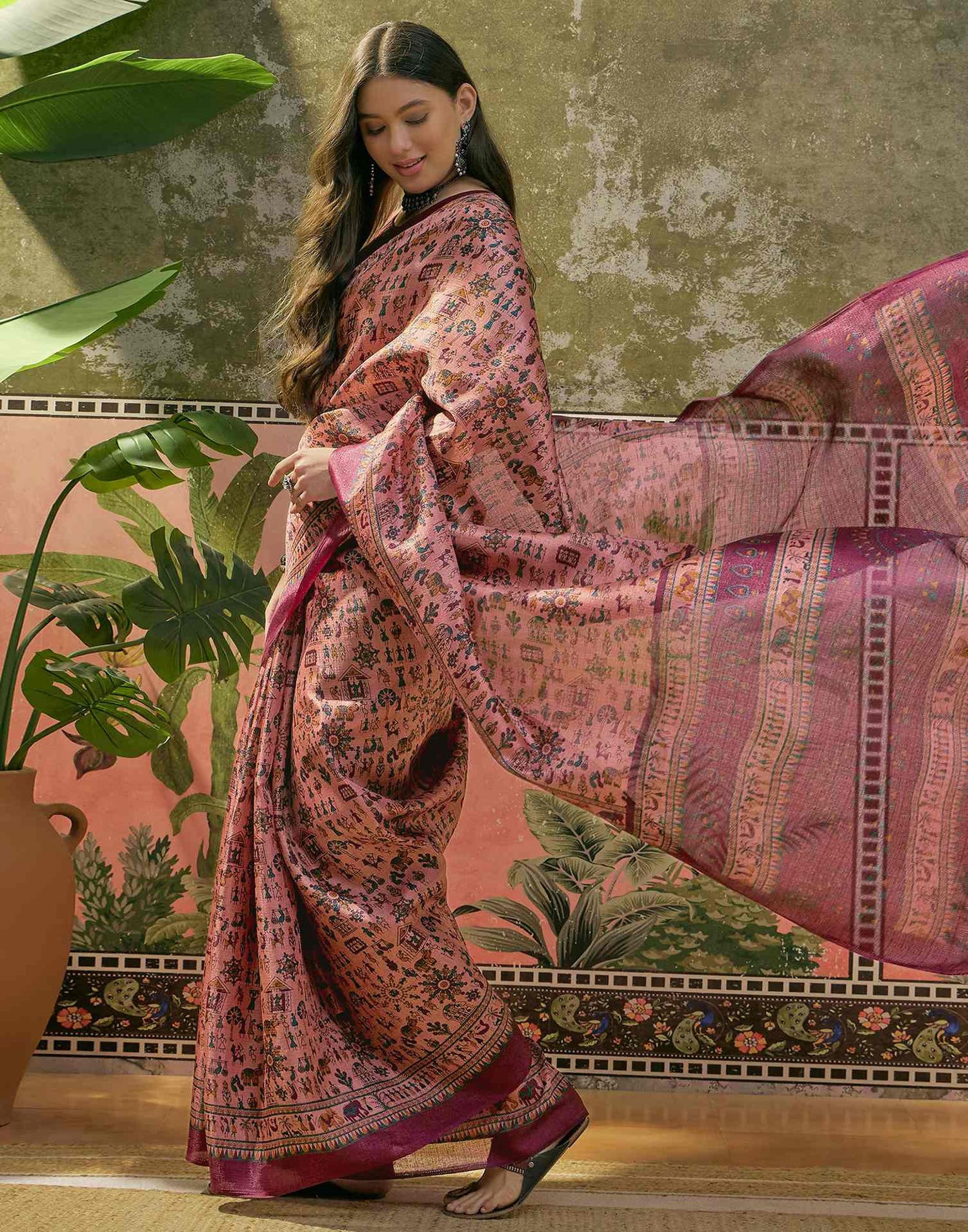 Dark Peach Khadi Printed Saree