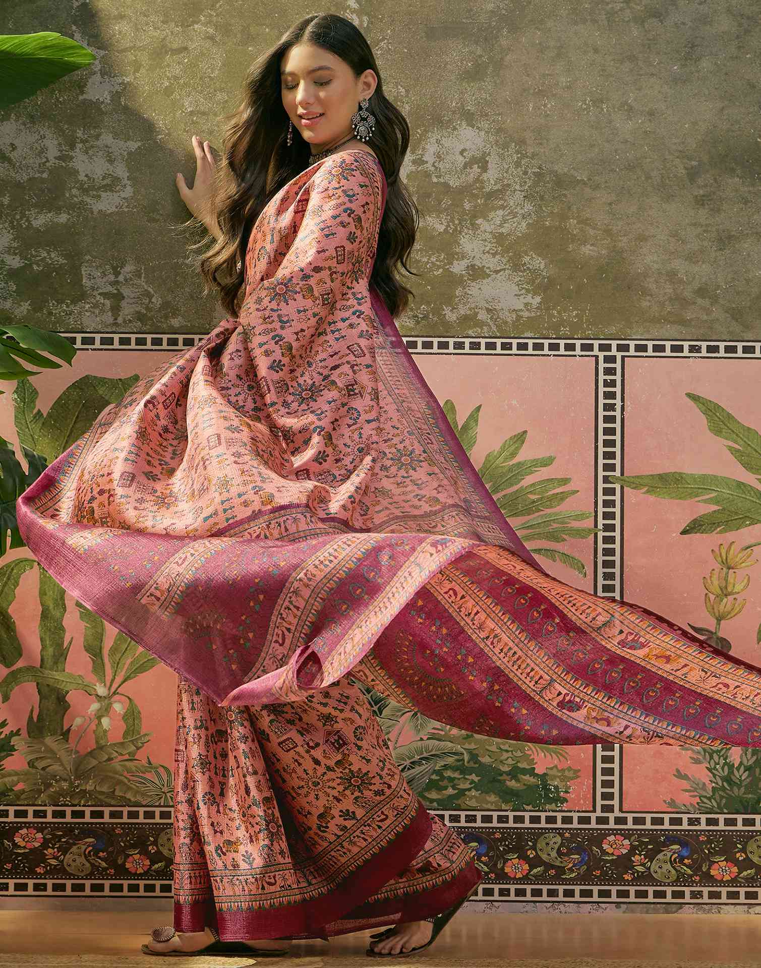 Dark Peach Khadi Printed Saree