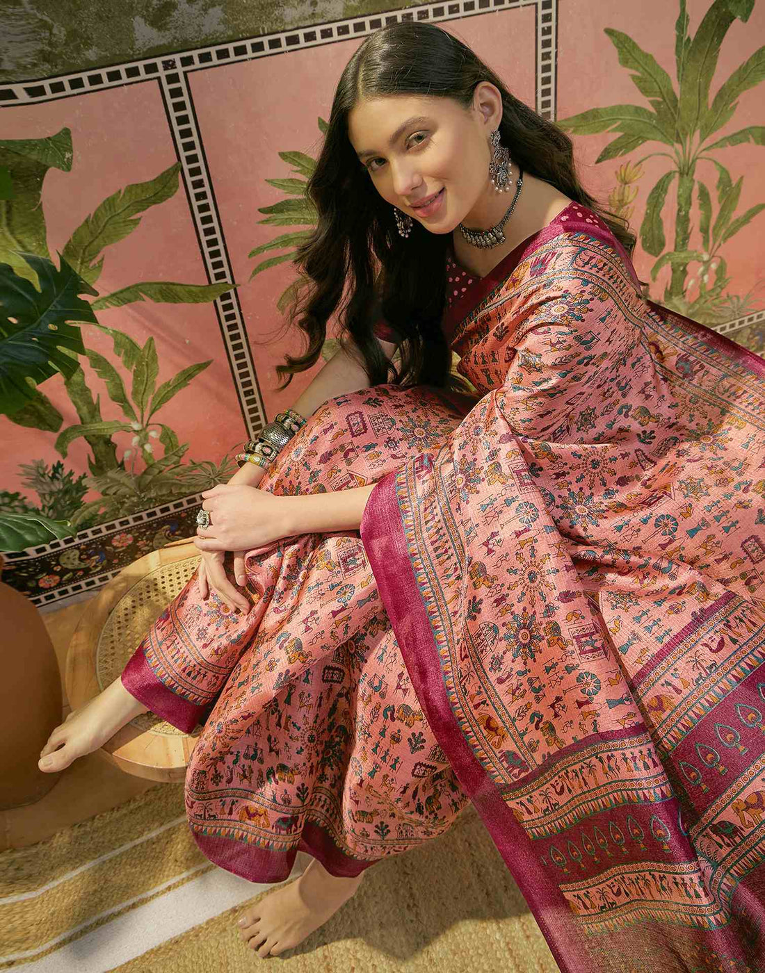 Dark Peach Khadi Printed Saree