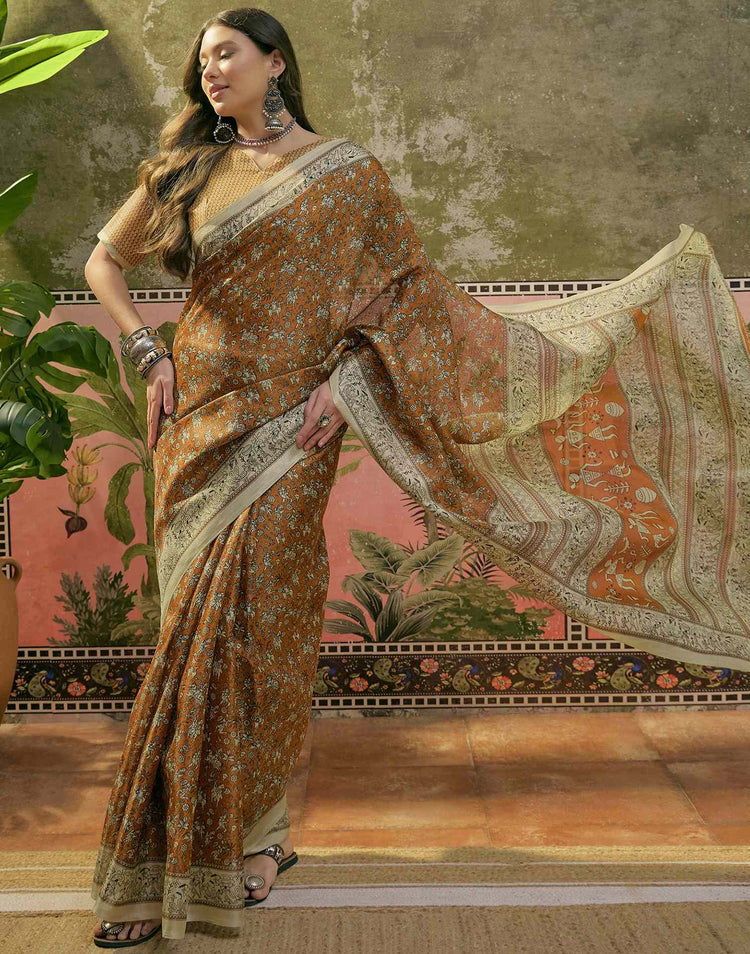 Dark Brown Mustard Khadi Printed Saree