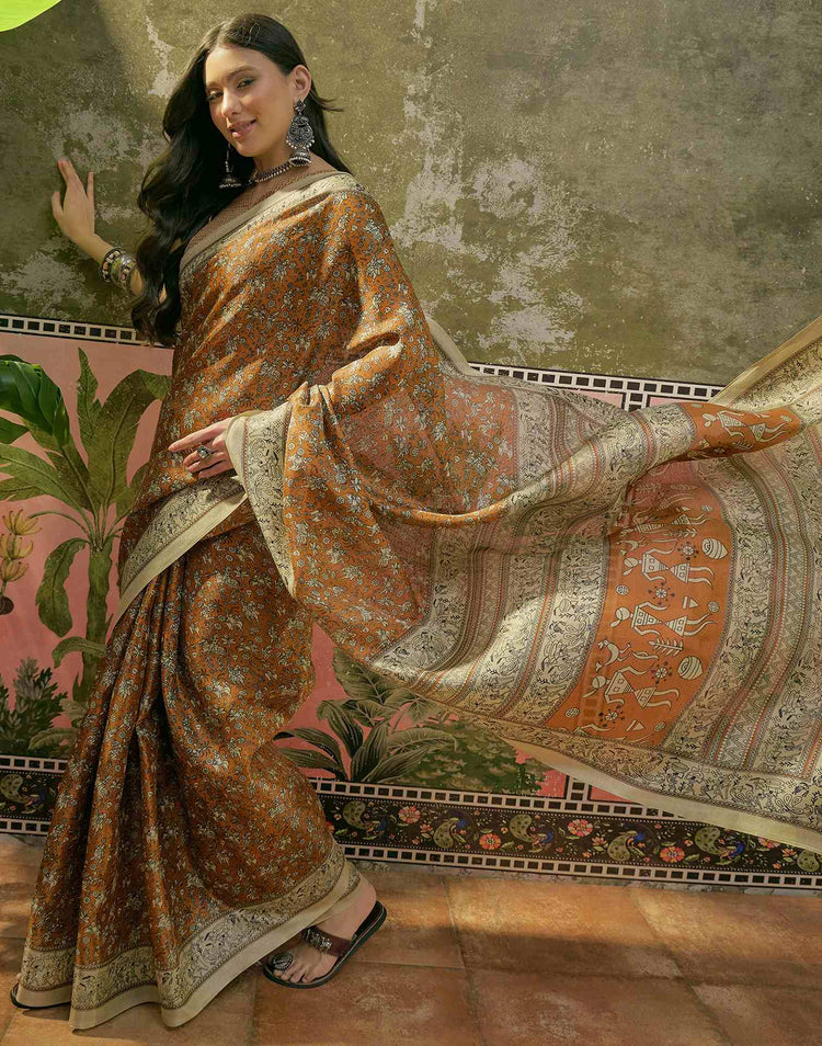Dark Brown Mustard Khadi Printed Saree