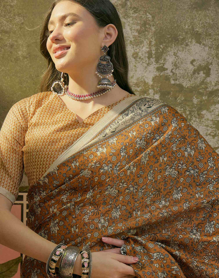 Dark Brown Mustard Khadi Printed Saree