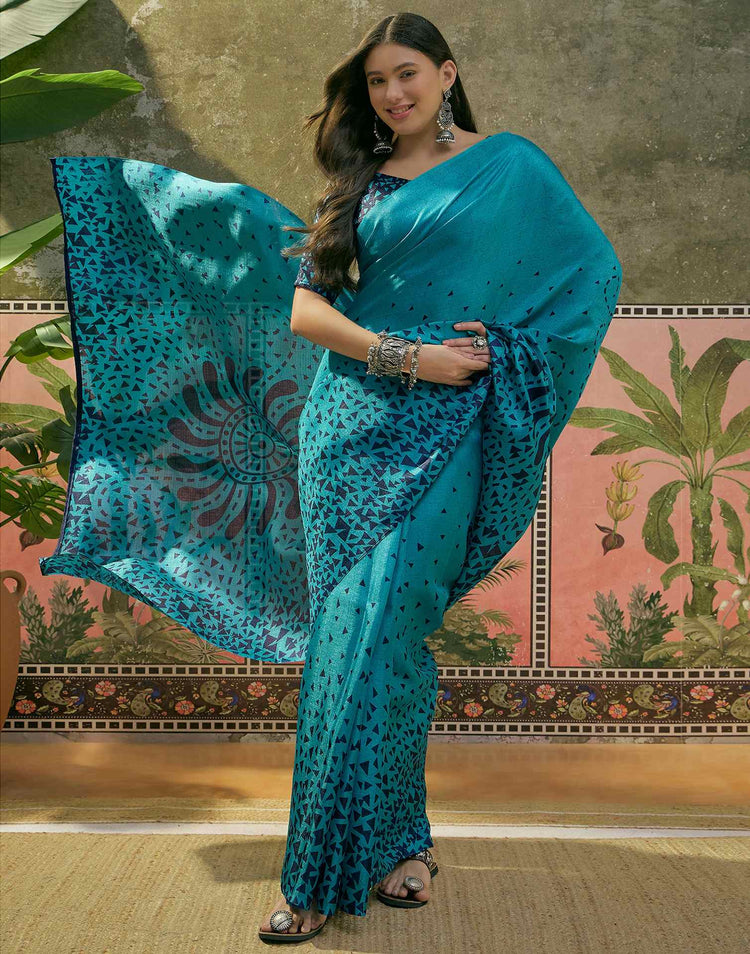 Teal Blue Khadi Printed Saree