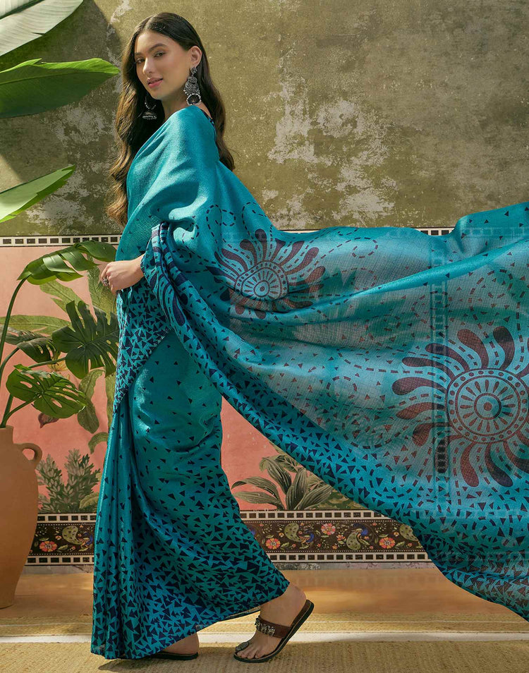 Teal Blue Khadi Printed Saree