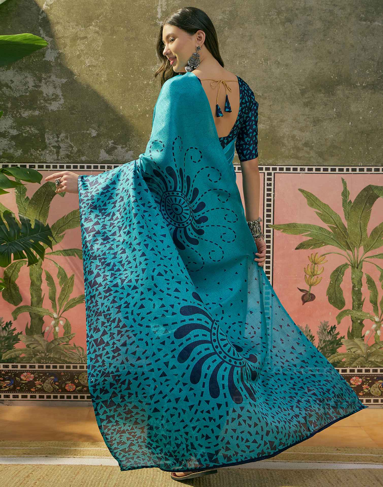Teal Blue Khadi Printed Saree