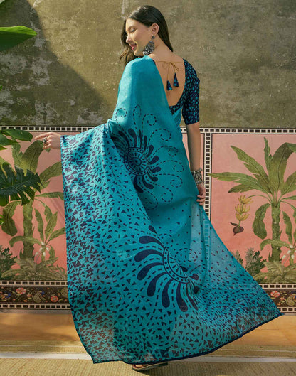 Teal Blue Khadi Printed Saree