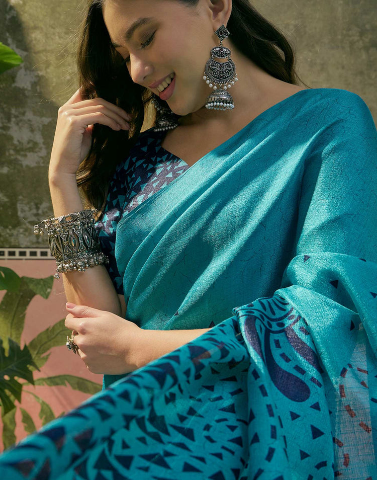 Teal Blue Khadi Printed Saree