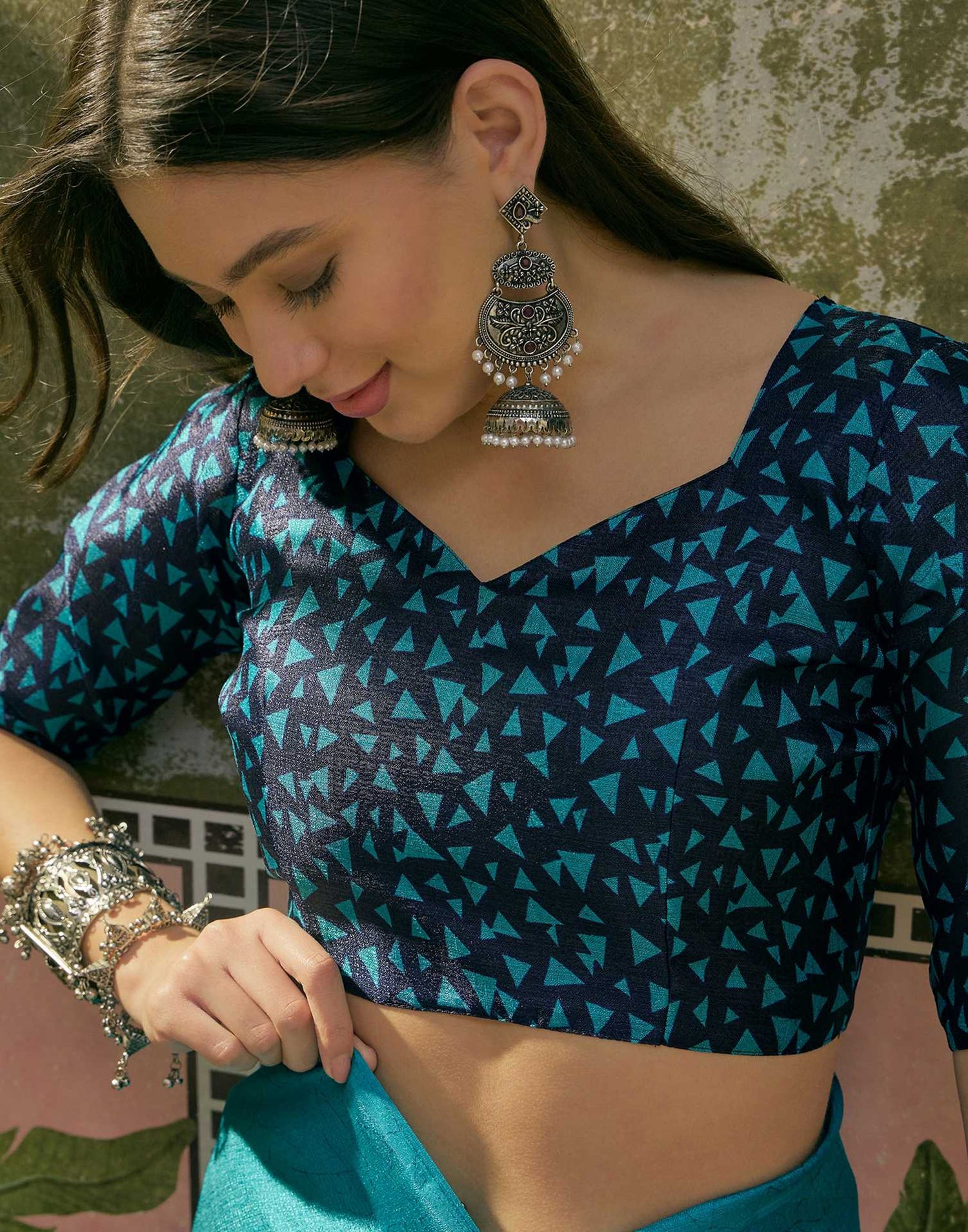 Teal Blue Khadi Printed Saree