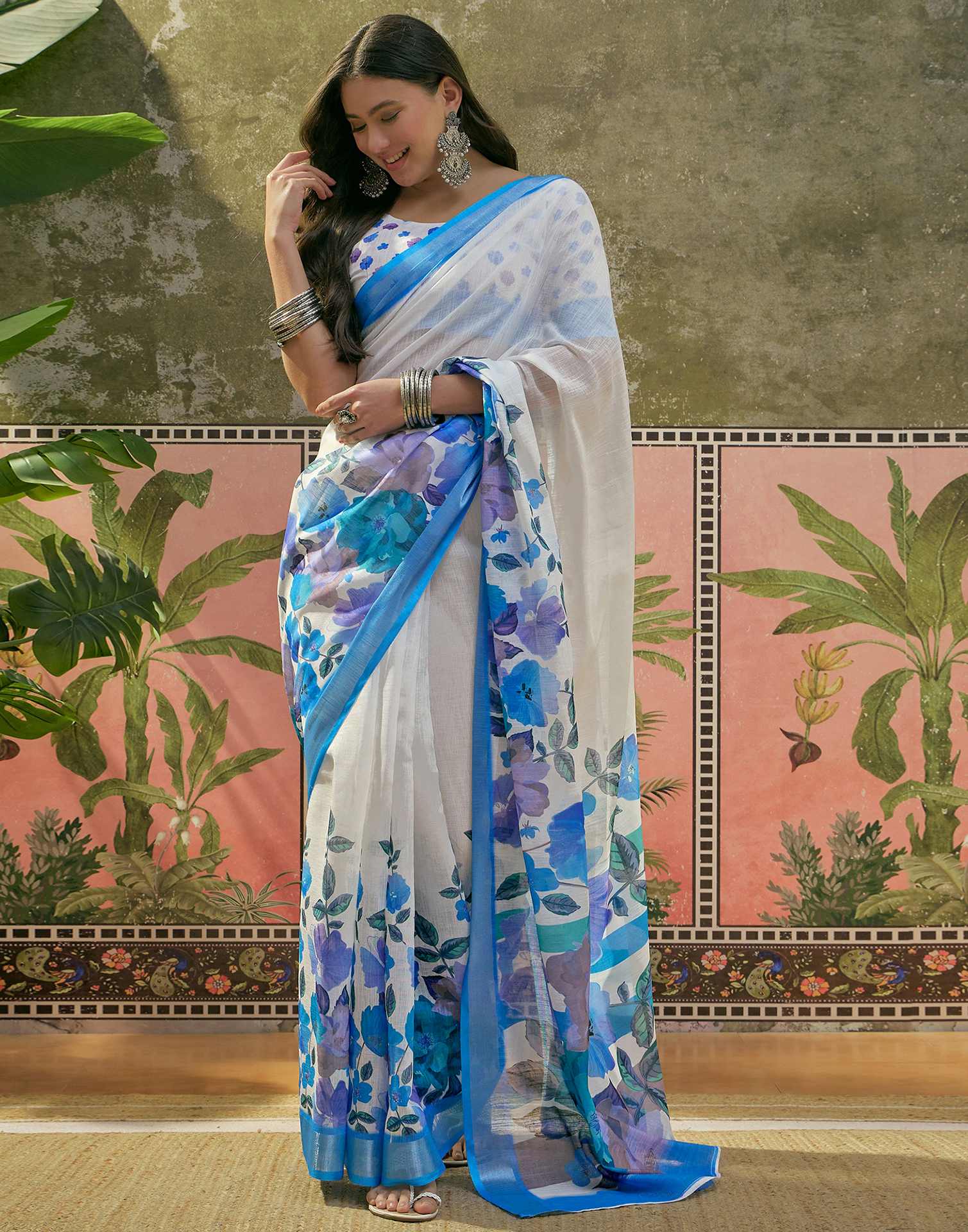 White Linen Floral Printed Saree