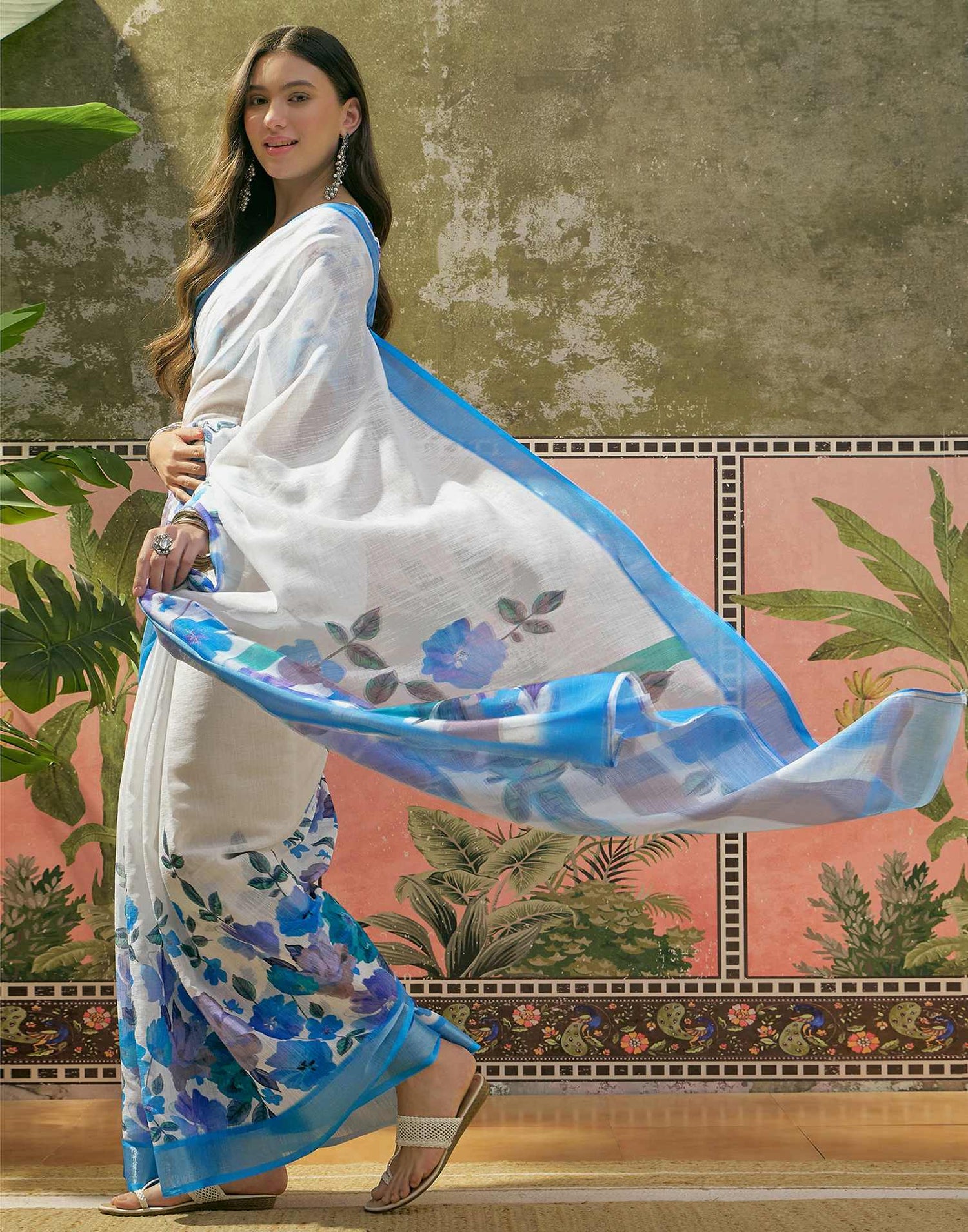 White Linen Floral Printed Saree