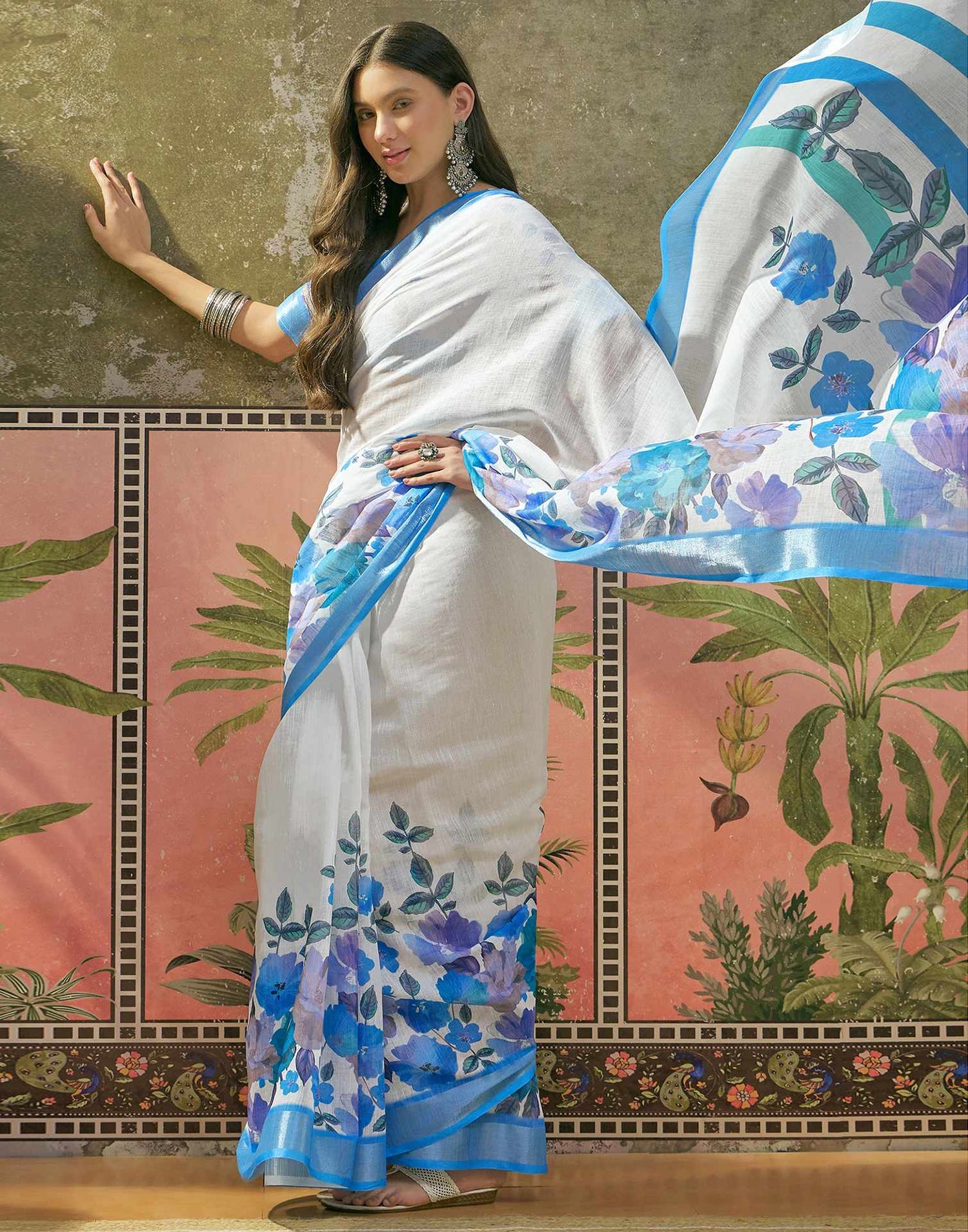 White Linen Floral Printed Saree