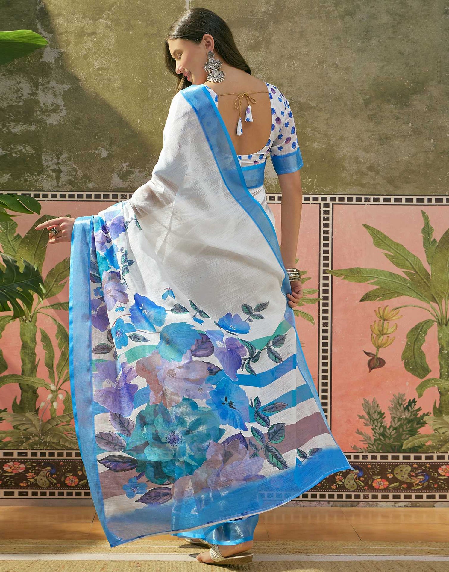 White Linen Floral Printed Saree