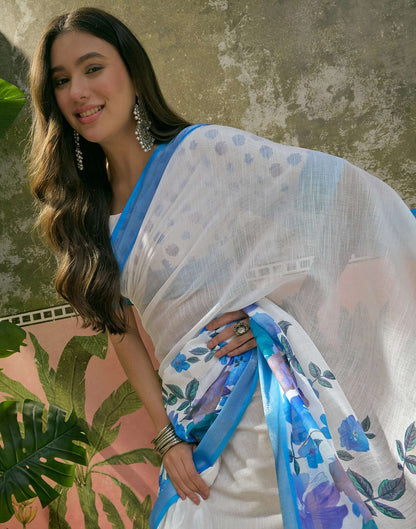 White Linen Floral Printed Saree