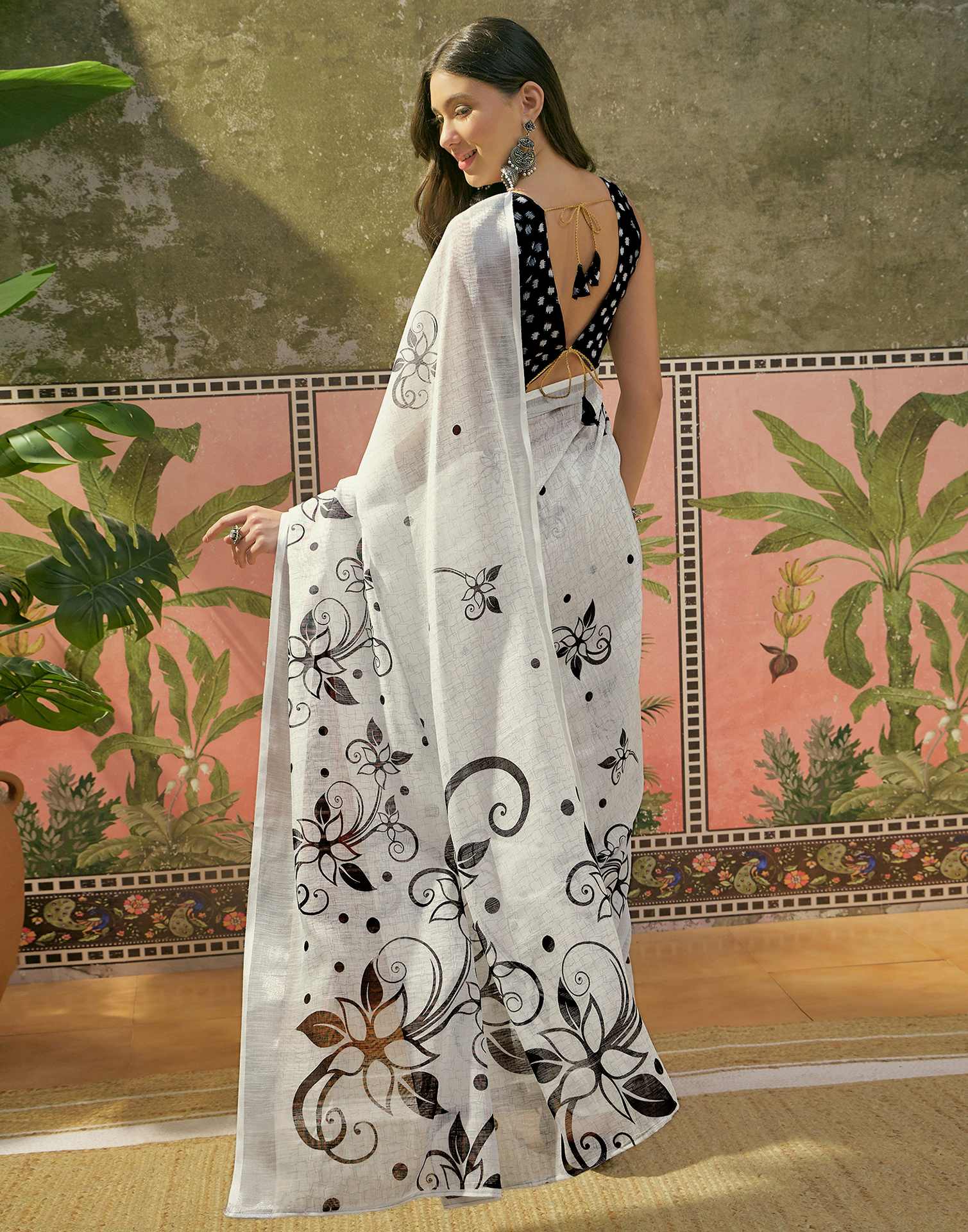 Off White Linen Floral Printed Saree