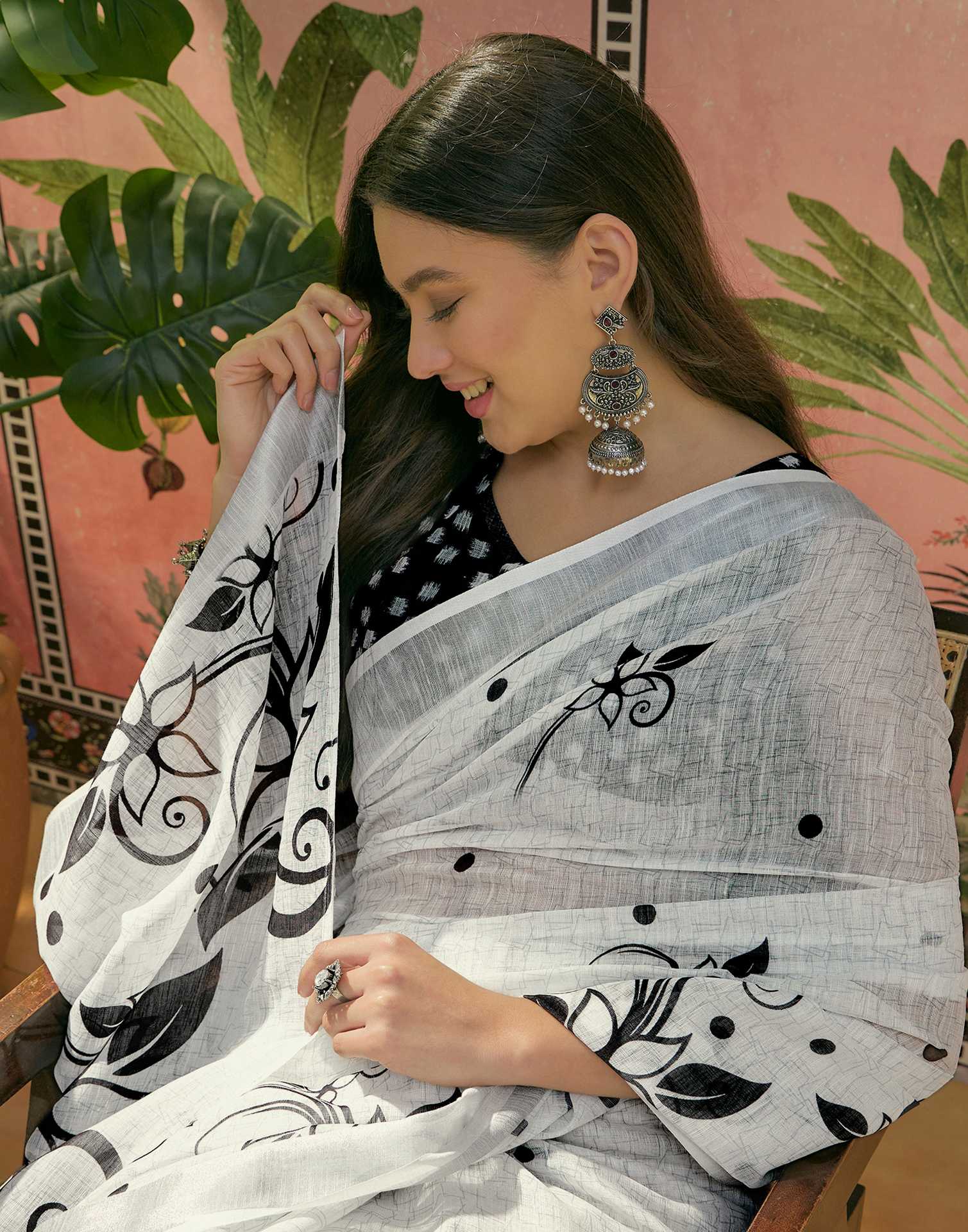 Off White Linen Floral Printed Saree