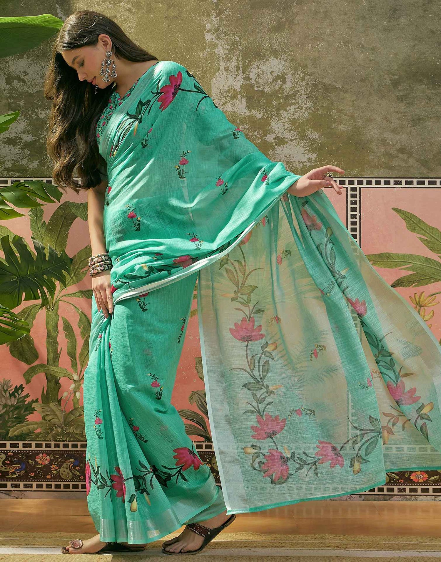 Mint Green Linen Floral Printed Saree