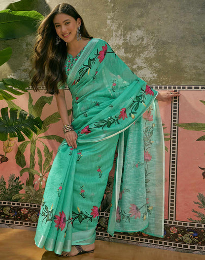 Mint Green Linen Floral Printed Saree