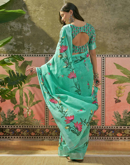 Mint Green Linen Floral Printed Saree