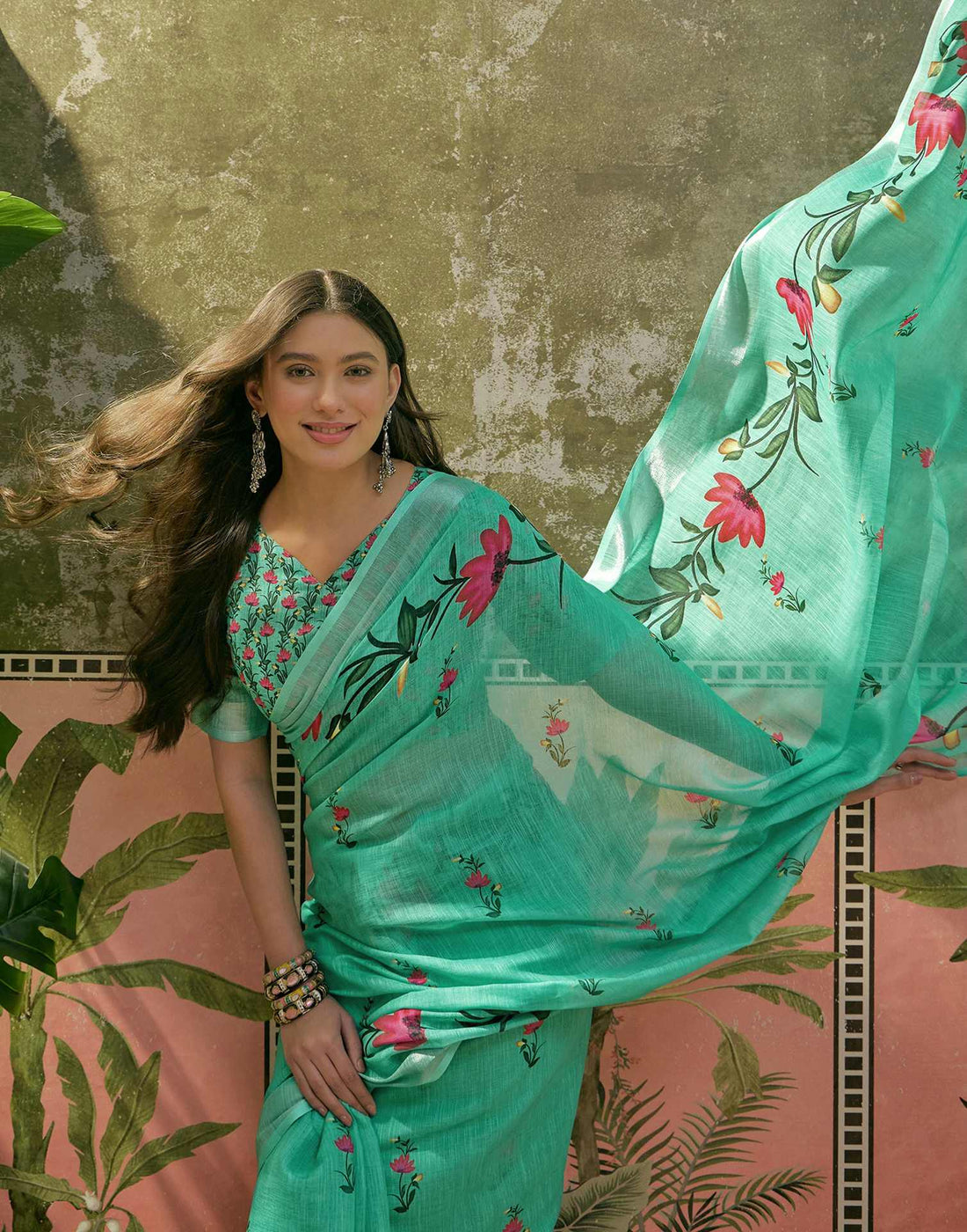 Mint Green Linen Floral Printed Saree