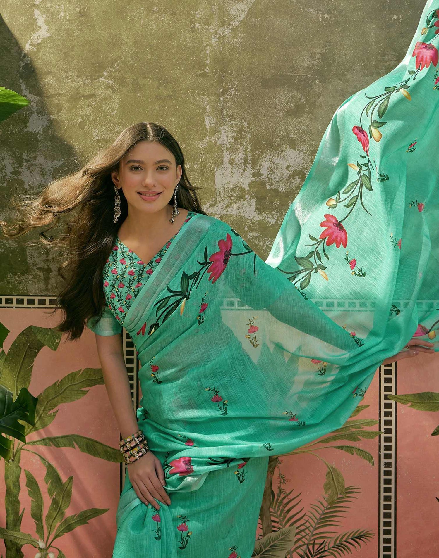 Mint Green Linen Floral Printed Saree