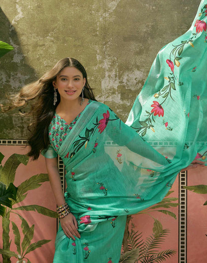 Mint Green Linen Floral Printed Saree
