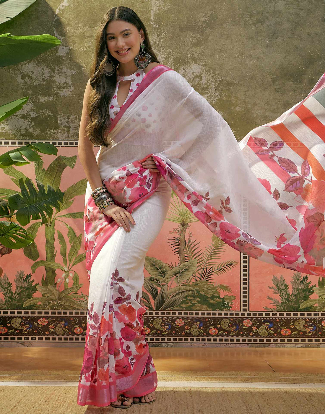 White Linen Floral Printed Saree