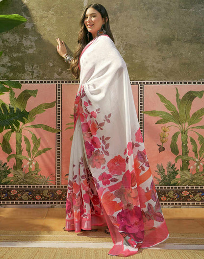 White Linen Floral Printed Saree