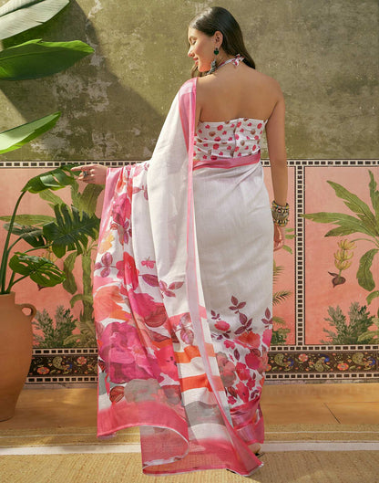 White Linen Floral Printed Saree