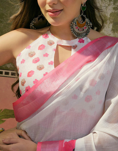 White Linen Floral Printed Saree