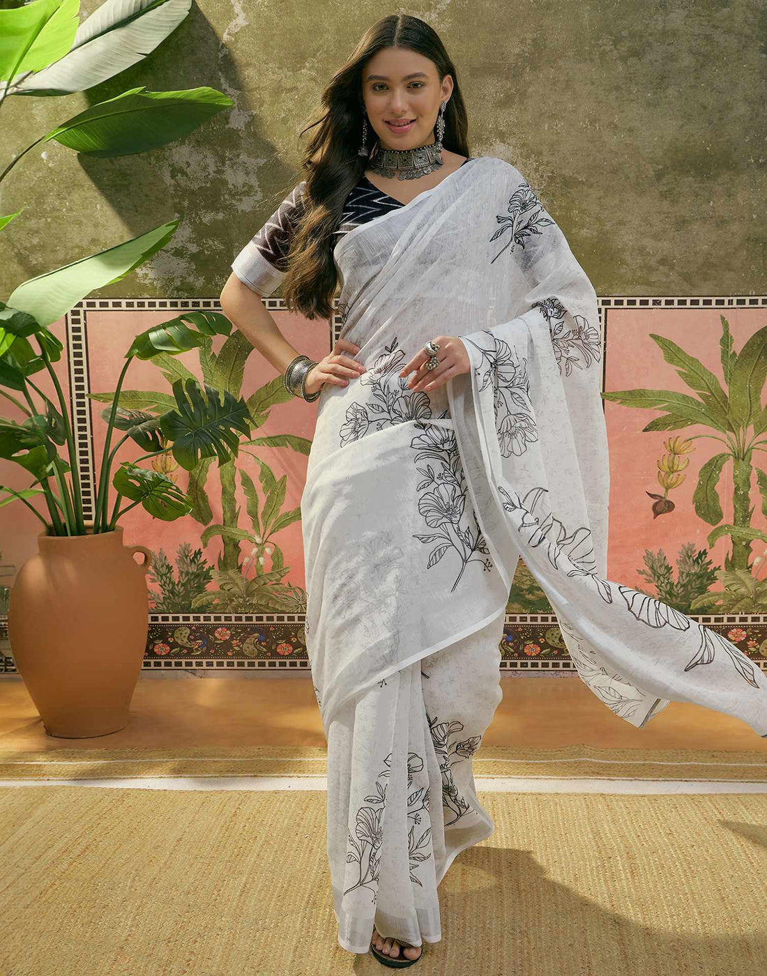 White Linen Floral Printed Saree
