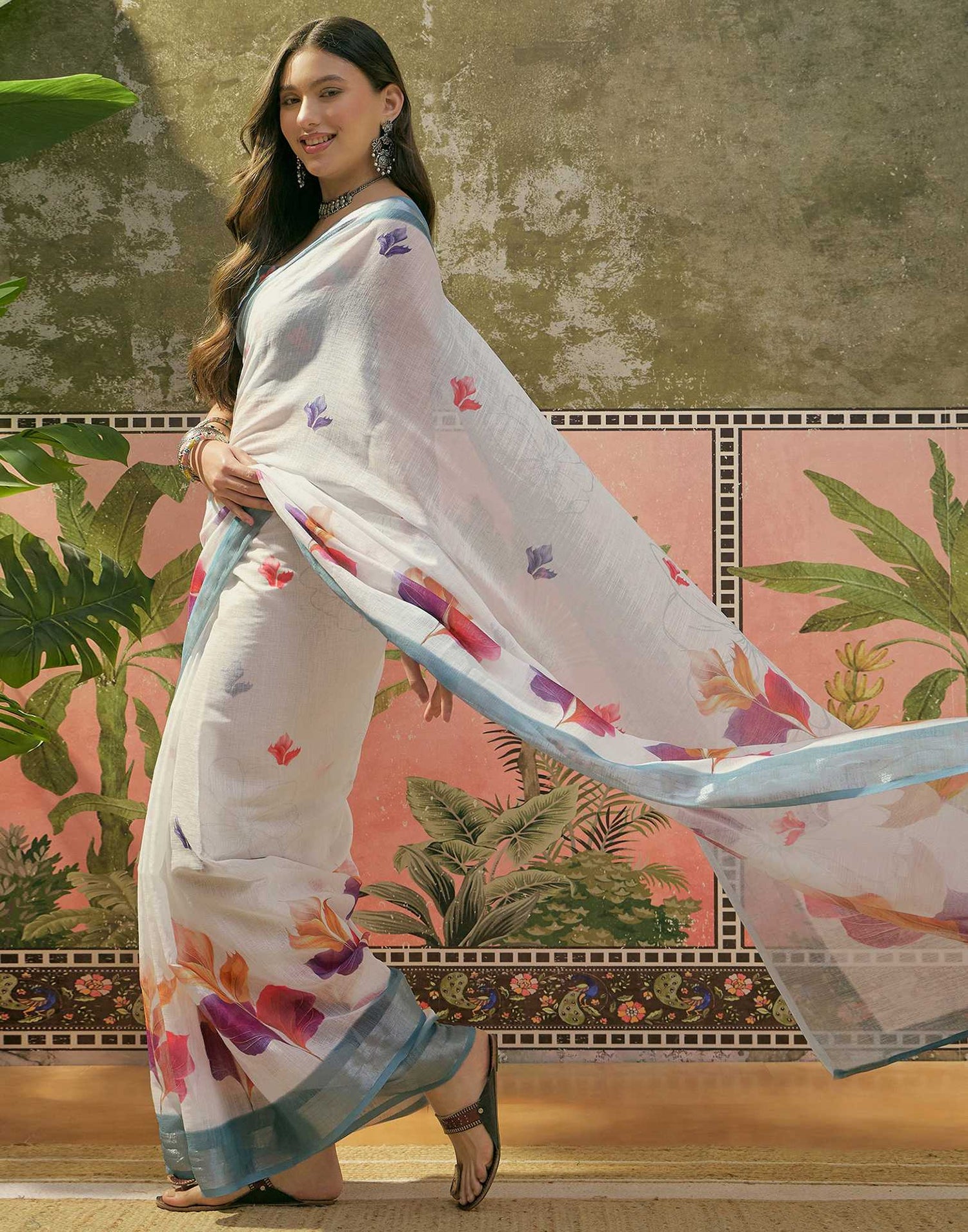 White Linen Floral Printed Saree