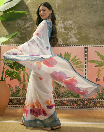 White Linen Floral Printed Saree